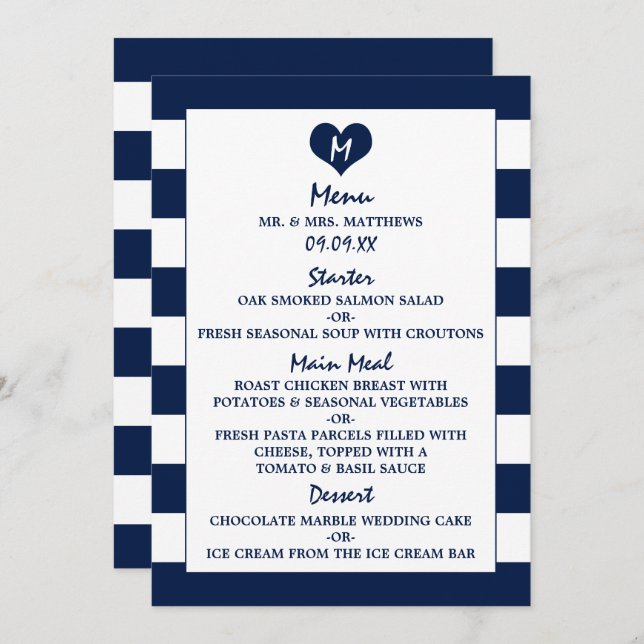 Modern Chic Navy Blue & White Wedding Menu (Front/Back)
