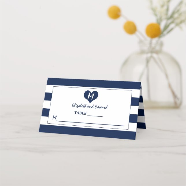 Modern Chic Navy Blue & White Wedding Place Card (Front)