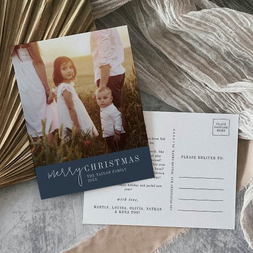 Modern Chic  Navy Christmas Photo Year in Review Holiday Postcard