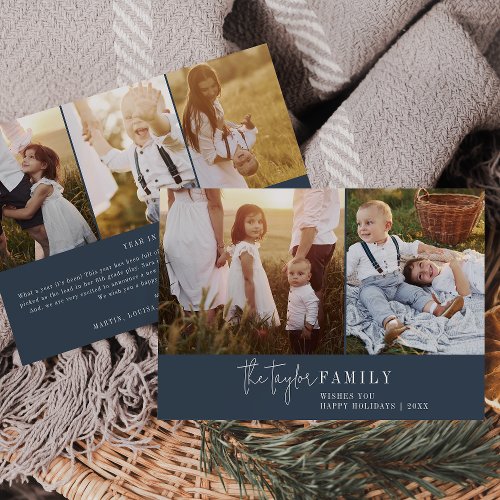 Modern Chic  Navy Family Photo Collage Newsletter Holiday Card