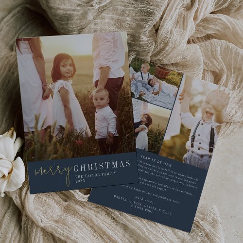 Modern Chic  Navy Foil Christmas Year in Review Foil Holiday Card