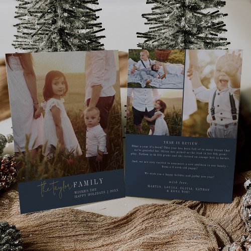 Modern Chic Navy Foil Family Photo Year in Review Foil Holiday Card