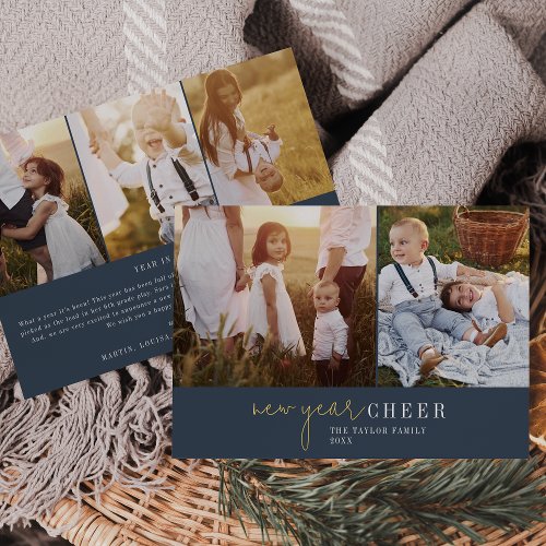 Modern Chic Navy Foil Photo Collage New Year News Foil Holiday Card