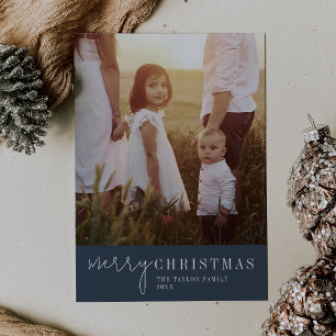 Modern Chic Navy Merry Christmas Photo Holiday Card