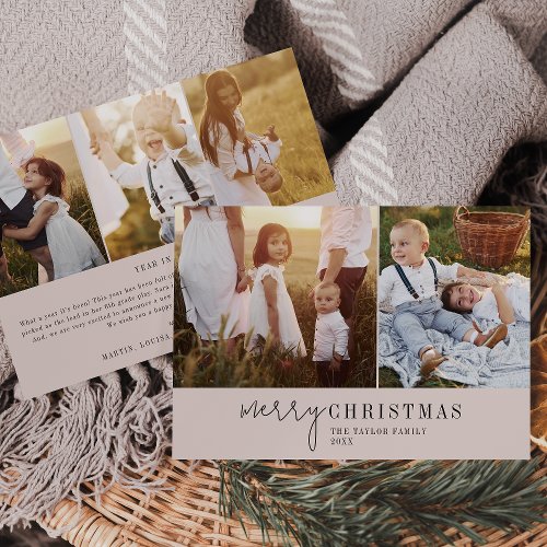 Modern Chic Neutral Photo Collage Christmas News Holiday Card