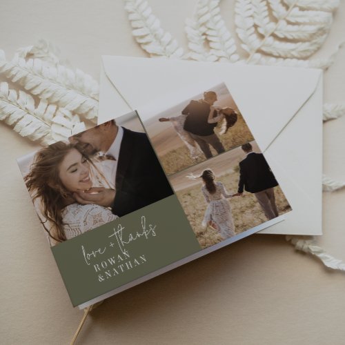 Modern Chic Olive Green 3 Photo Folded Wedding Thank You Card