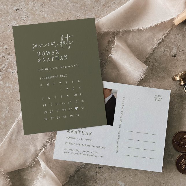 Modern Chic Olive Green Calendar Save the Date Invitation Postcard (Creator Uploaded)