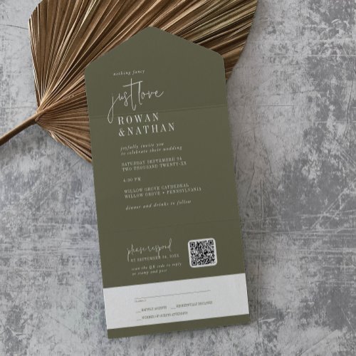 Modern Chic Olive Green Just Love QR Code Wedding All In One Invitation