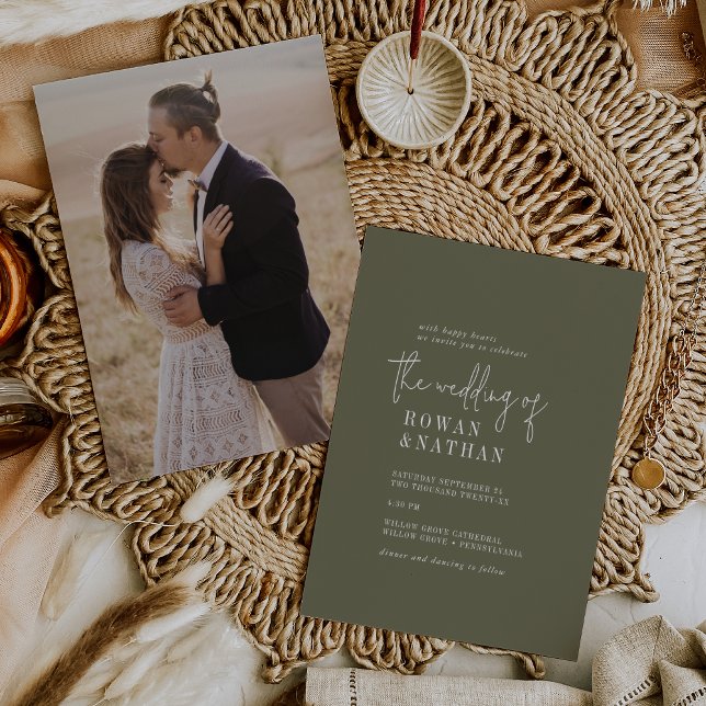 Modern Chic Olive Green Photo Back Wedding Invitation (Creator Uploaded)