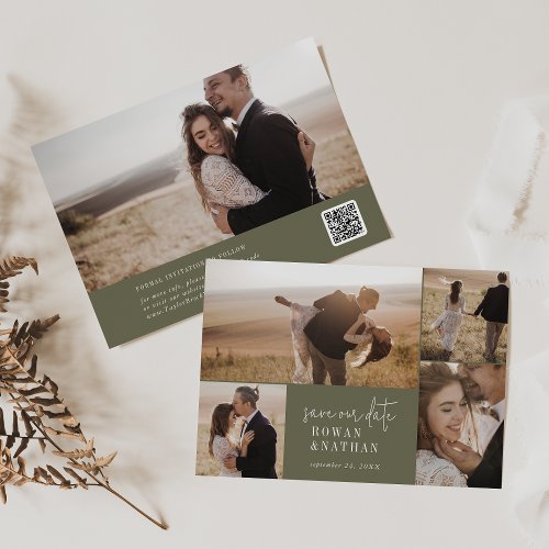 Modern Chic Olive Green Photo Collage Save The Date