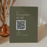 Modern Chic Olive Green QR Code Honeymoon Fund  Pedestal Sign<br><div class="desc">This modern chic olive green QR code honeymoon fund pedestal sign is perfect for a simple wedding or bridal shower. The woodsy boho design features rustic unique and stylish bohemian typography in a minimal woodland forest green color.

Customize your QR code and personalize the sign with your names.</div>