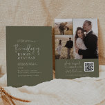 Modern Chic Olive Green QR Code Photo Wedding Invitation<br><div class="desc">This modern chic olive green QR code photo wedding invitation is perfect for a simple wedding. The woodsy boho design features rustic unique and stylish bohemian typography in a minimal woodland forest green color. Personalize your invitation with 3 engagement photos on the back. Include a QR code for your guests...</div>