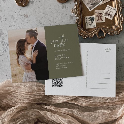 Modern Chic Olive Green QR Code Save the Date Invitation Postcard