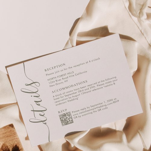 Modern Chic Olive Green Script  Wedding Details Enclosure Card