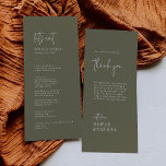 Modern Chic Olive Green Thank You and Wedding Menu<br><div class="desc">This modern chic olive green thank you and wedding menu is perfect for a simple wedding. The woodsy boho design features rustic unique and stylish bohemian typography in a minimal woodland forest green color. Personalize the table card with your menu on the front and a thank you message for your...</div>