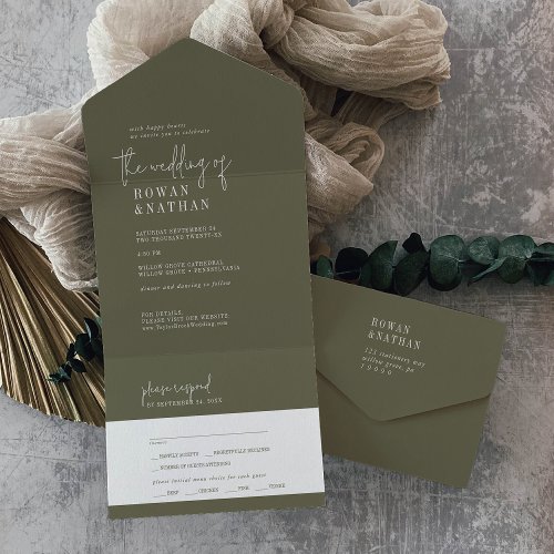 Modern Chic Olive Green Wedding All In One Invitation