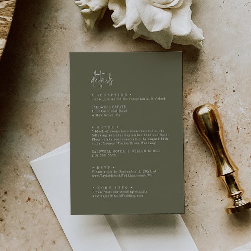 Modern Chic Olive Green Wedding Details Enclosure Card