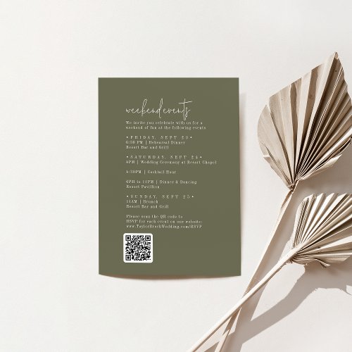 Modern Chic Olive Green Wedding Weekend Events Enclosure Card
