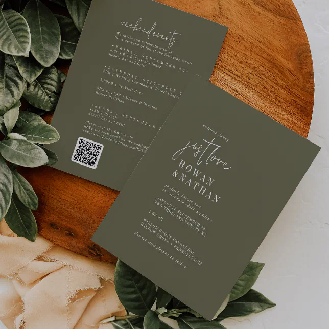 Modern Chic Olive Green Weekend Events QR Wedding Invitation
