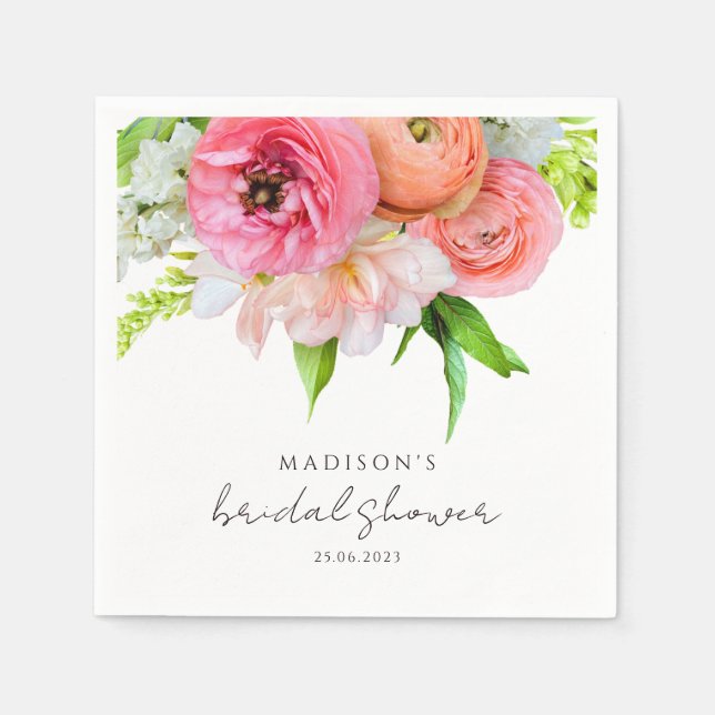 Modern Chic Orange Pink Floral Bridal Shower Napkins (Front)