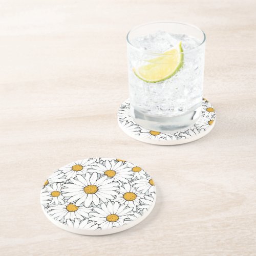 Modern Chic Ornate Daisy Floral Pattern Watercolor Coaster