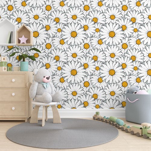 Modern Chic Ornate Daisy Floral Pattern Watercolor Wallpaper