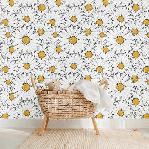 Modern Chic Ornate Daisy Floral Pattern Watercolor Wallpaper