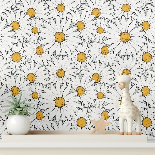 Modern Chic Ornate Daisy Floral Pattern Watercolor Wallpaper