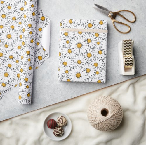Modern Chic Ornate Daisy Floral Pattern Watercolor Wrapping Paper