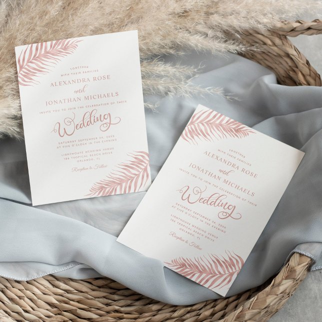Modern Chic Palm Leaf Rose Gold Tropical Wedding Invitation (Creator Uploaded)