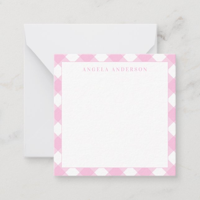 Modern Chic Pastel Blush Pink Gingham Plaid Check Note Card (Front)