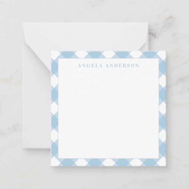 Modern Chic Pastel Light Blue Gingham Plaid Check Note Card (Front)
