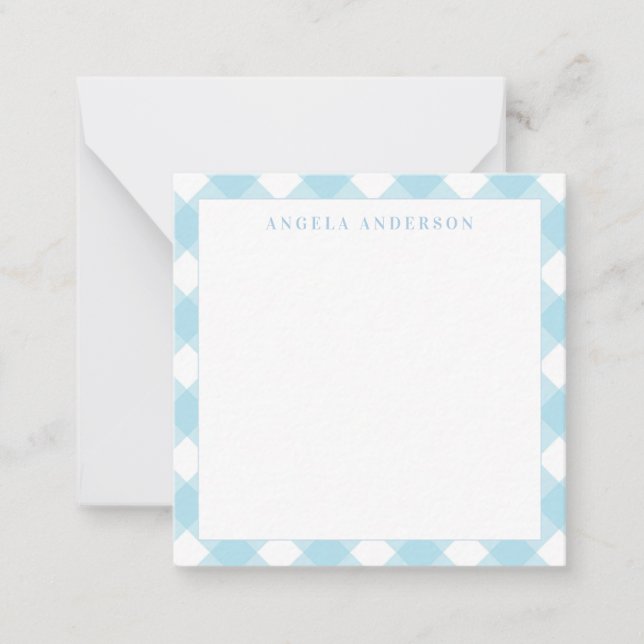 Modern Chic Pastel Light Blue Gingham Plaid Check  Note Card (Front)