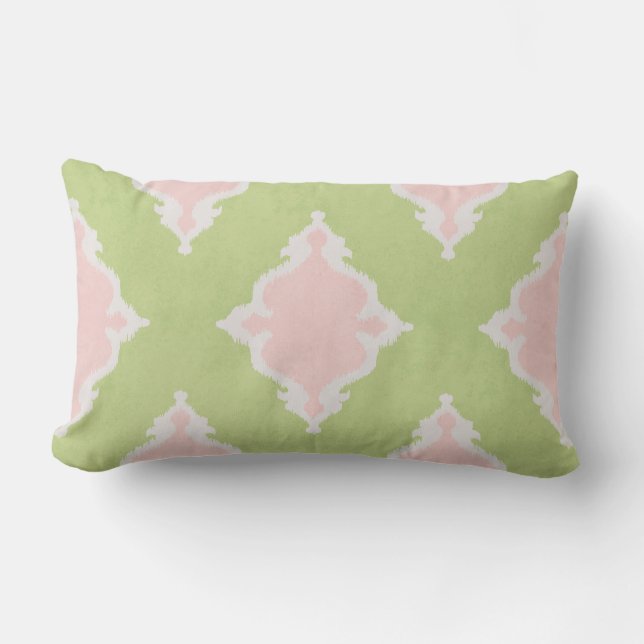 Modern chic pastel pink and green ikat pillow (Front)