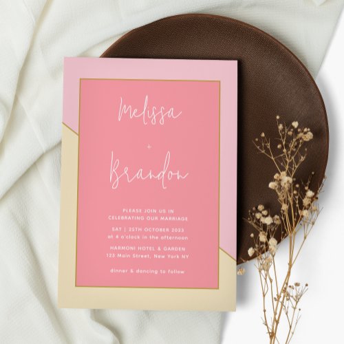 Modern Chic Pastel Pink Cream Gold Script Wedding Invitation
