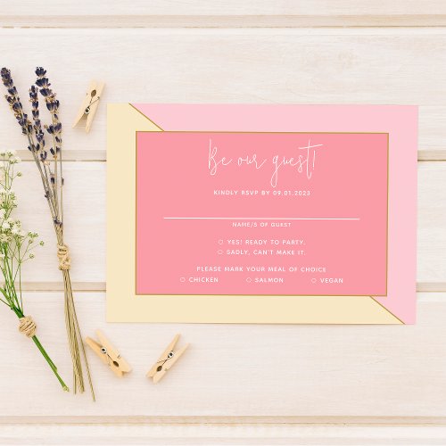 Modern Chic Pastel Pink Cream Gold Script Wedding RSVP Card