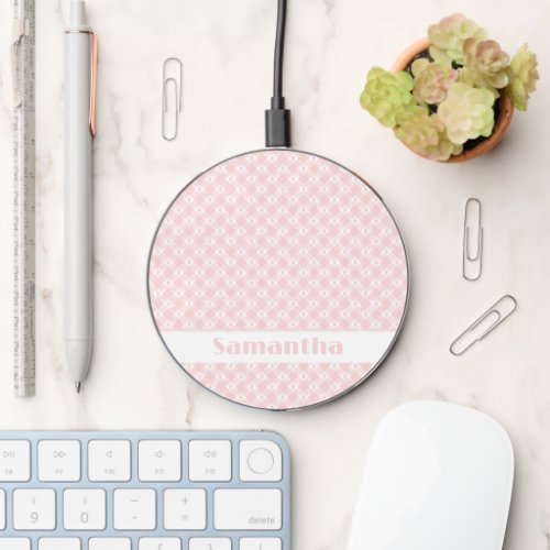 Modern Chic Pastel Pink Name Gingham Plaid Check Wireless Charger