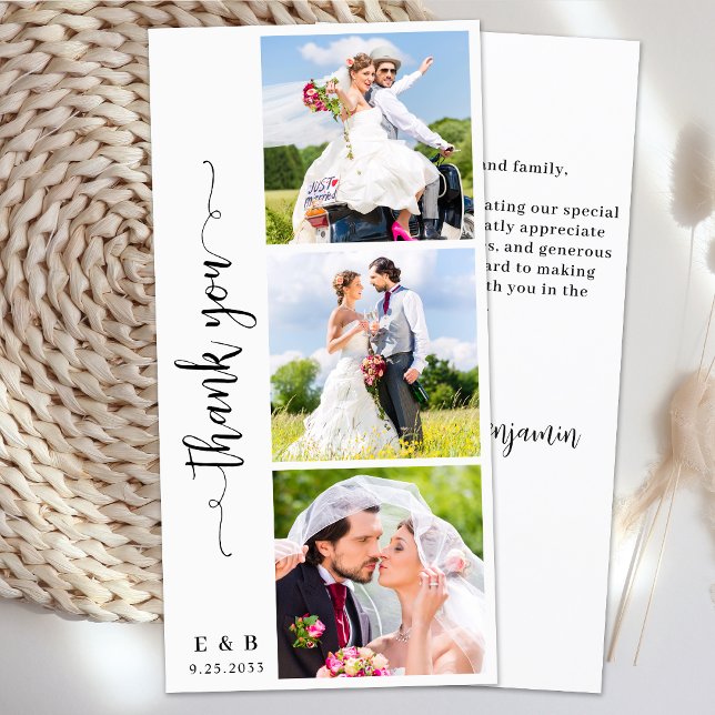 Modern Chic Personalized Monogram 3 Photo Wedding  Thank You Card (Creator Uploaded)