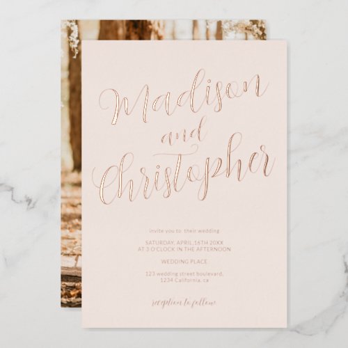 Modern chic photo brush names blush pink wedding foil invitation