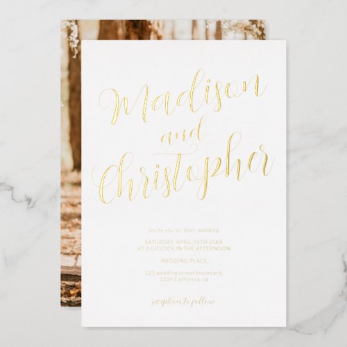 Modern chic photo brush names white wedding  foil invitation