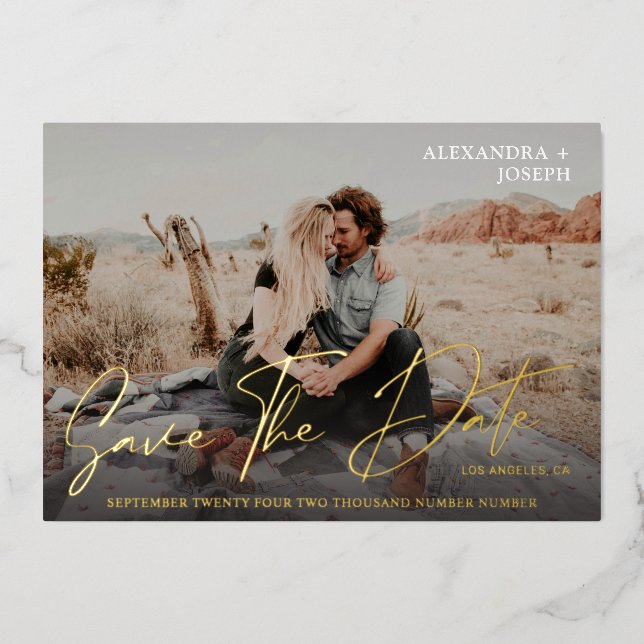 Modern Chic Photo Long Date Save the Date Foil Invitation (Front)