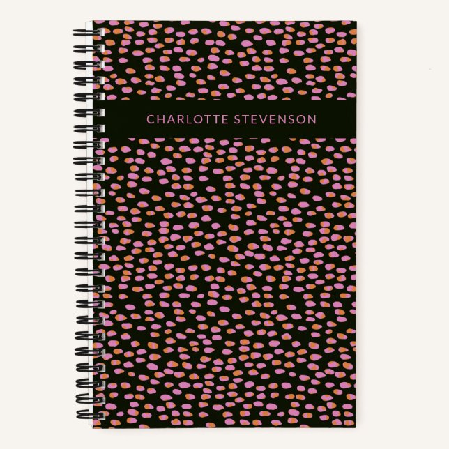 Modern Chic Pink and Orange Abstract Dots Name Notebook (Front)