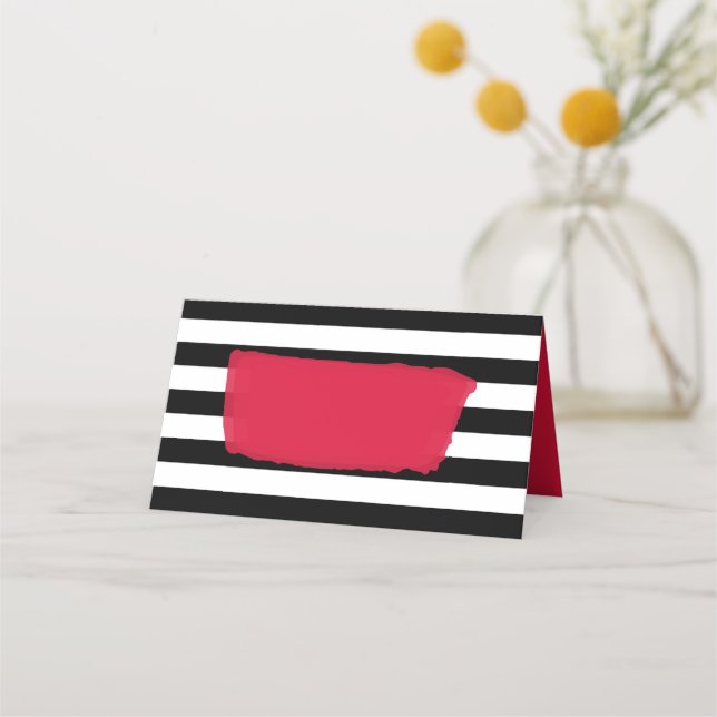 Modern Chic Pink Black and White Stripes Place Card (Front)