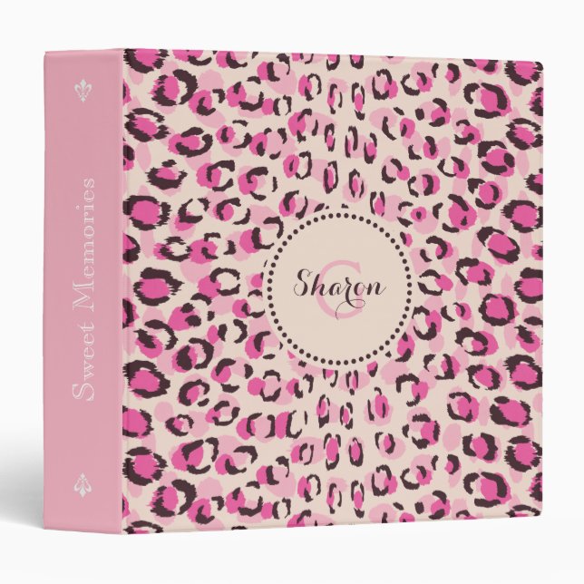 Modern chic pink cheetah print pattern monogram 3 ring binder (Front/Spine)