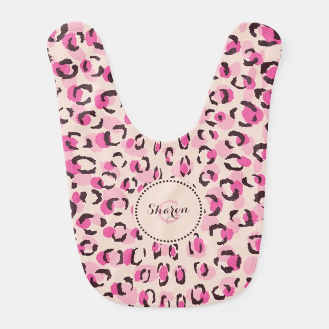 Modern chic pink cheetah print pattern monogram baby bib (Front)