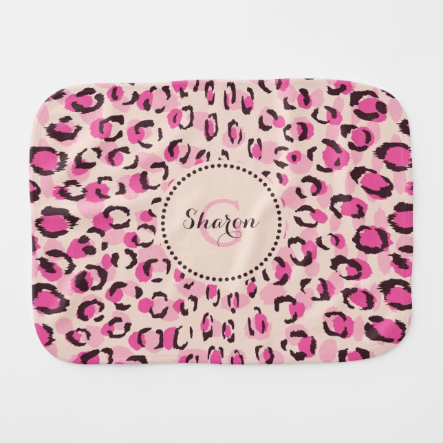 Modern chic pink cheetah print pattern monogram burp cloth (Front Horizontal)