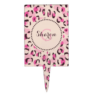 Modern chic pink cheetah print pattern monogram cake topper