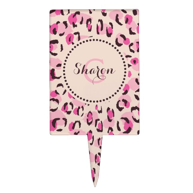 Modern chic pink cheetah print pattern monogram cake topper (Front)