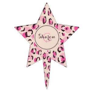 Modern chic pink cheetah print pattern monogram cake topper