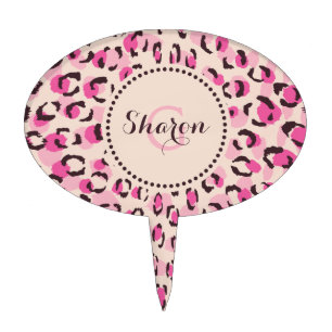 Modern chic pink cheetah print pattern monogram cake topper